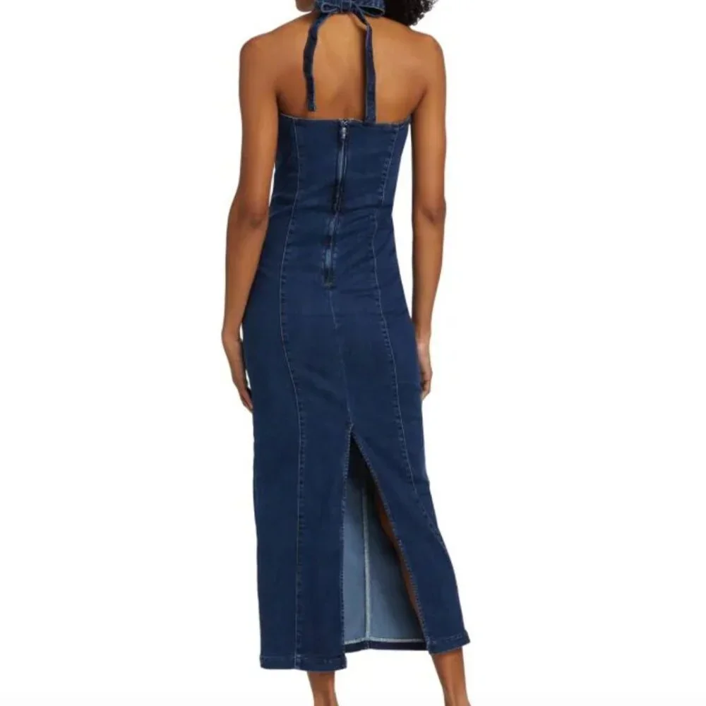 NWT The Reformation Evita Denim Halter Dress SIMCOE Size 2 - Picture 2 of 6